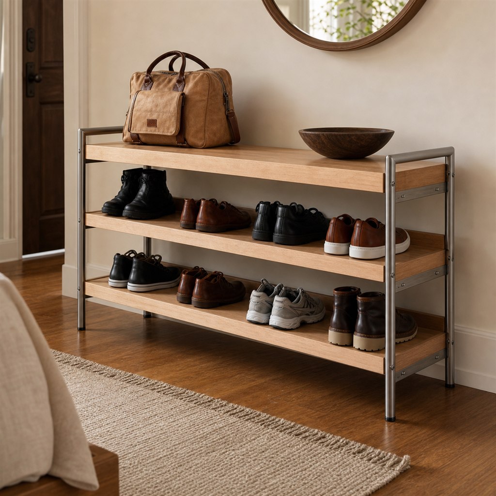 Entry Shoe Rack With Wood Shelves and Steel End Frames - alternate full view