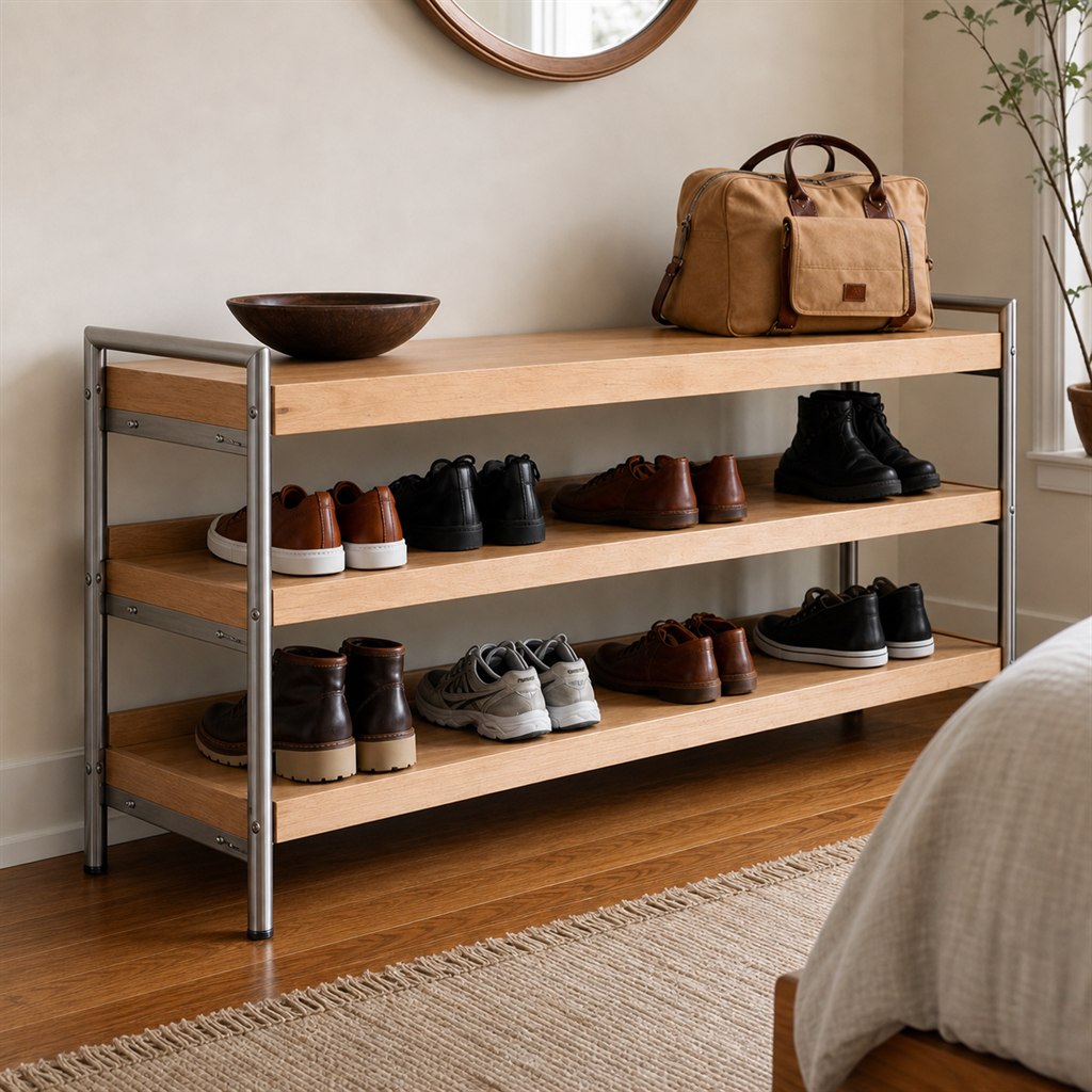 Entry Shoe Rack With Wood Shelves and Steel End Frames - steel-frame detail