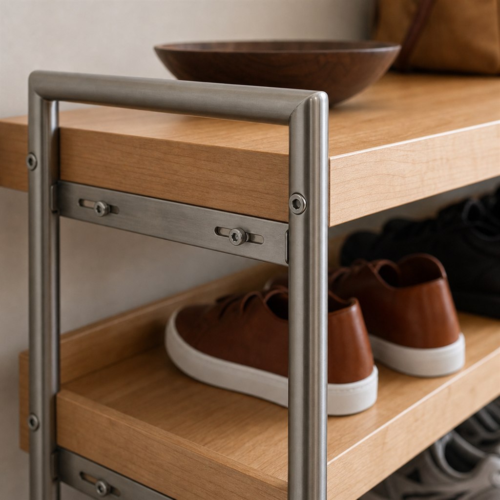 Entry Shoe Rack With Wood Shelves and Steel End Frames - wood-to-steel interface detail