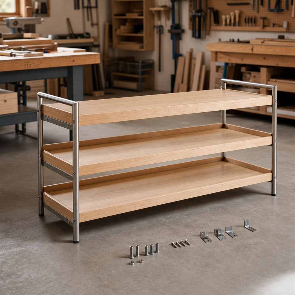 Entry Shoe Rack With Wood Shelves and Steel End Frames - workshop dry-assembly view