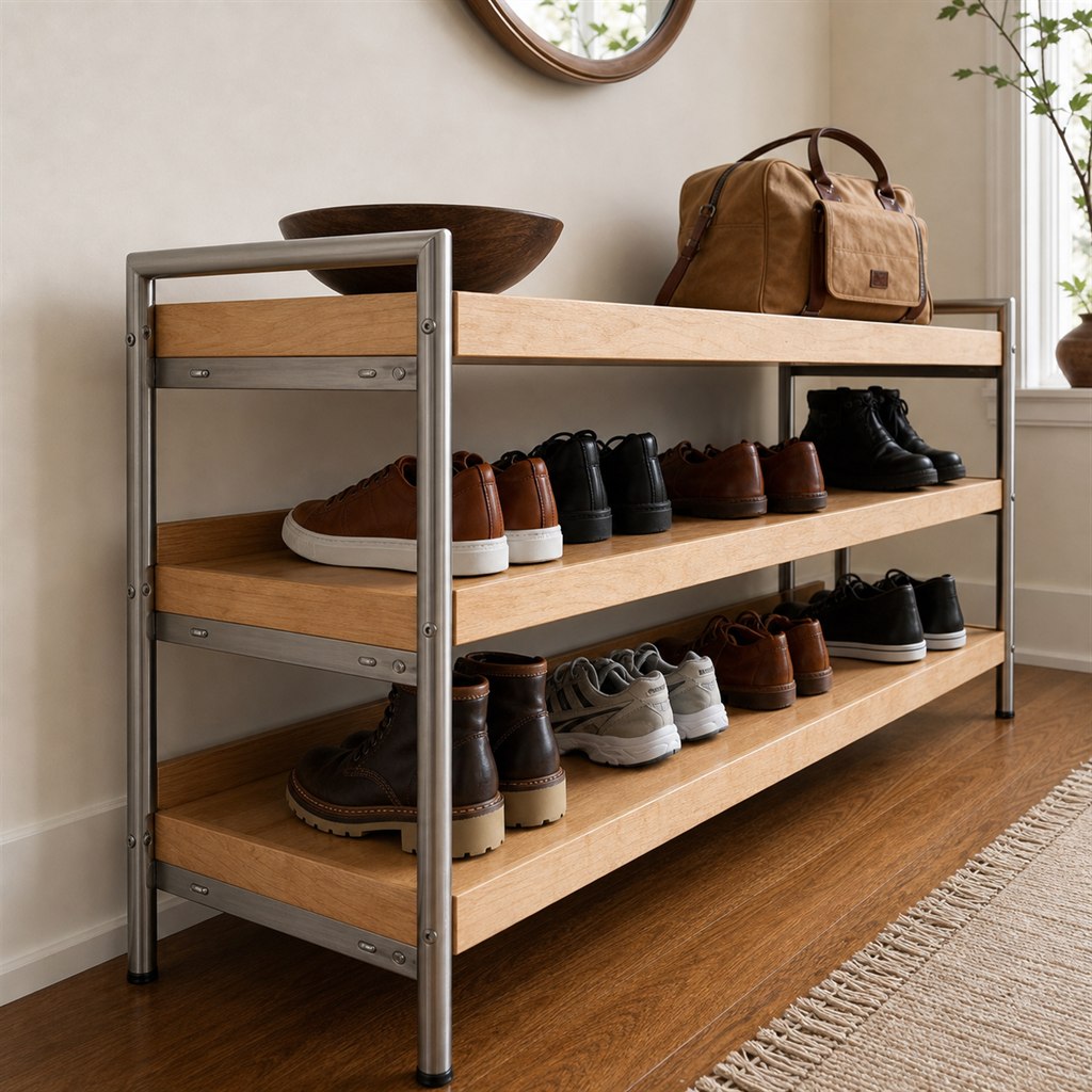 Entry Shoe Rack With Wood Shelves and Steel End Frames - finished material detail
