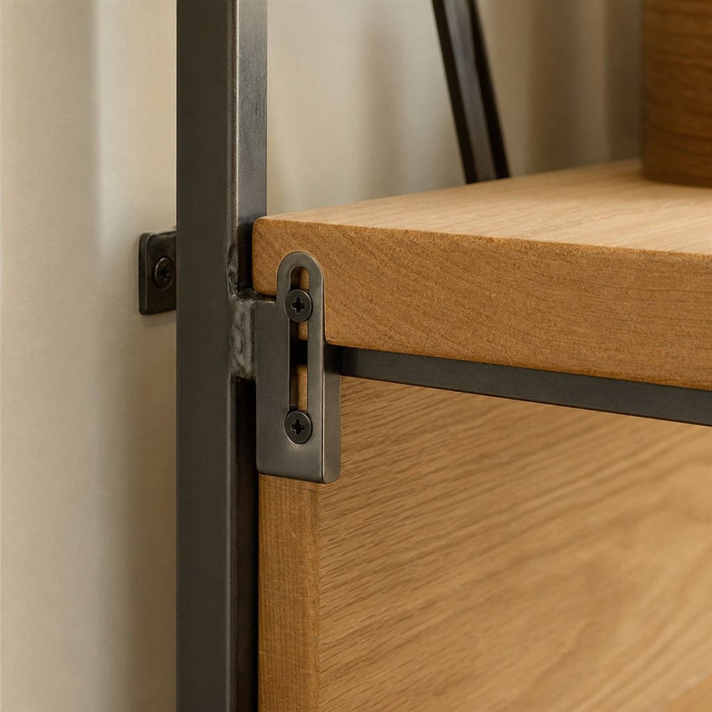 Kitchen Baker's Rack With Maple Shelves and a Steel Frame - wood-to-steel interface detail