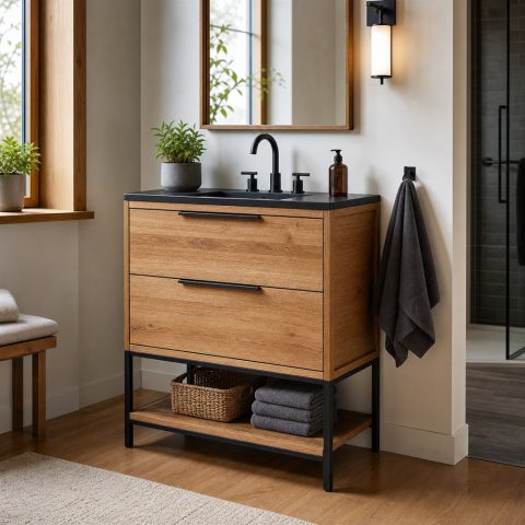 Bathroom Vanity With an Oak Cabinet and Steel Legs