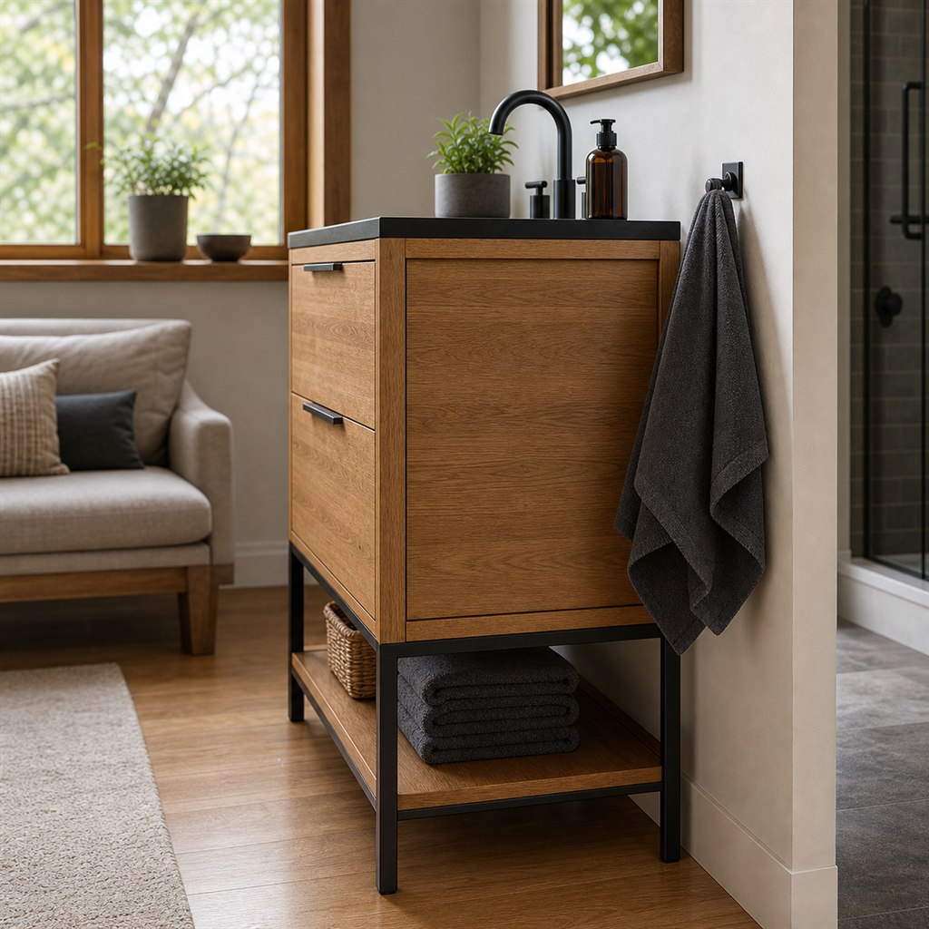 Bathroom Vanity With an Oak Cabinet and Steel Legs - alternate full view