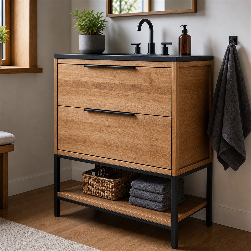 Bathroom Vanity With an Oak Cabinet and Steel Legs - steel-frame detail