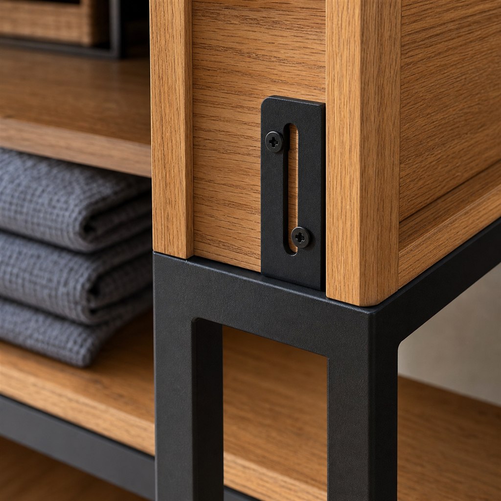 Bathroom Vanity With an Oak Cabinet and Steel Legs - wood-to-steel interface detail