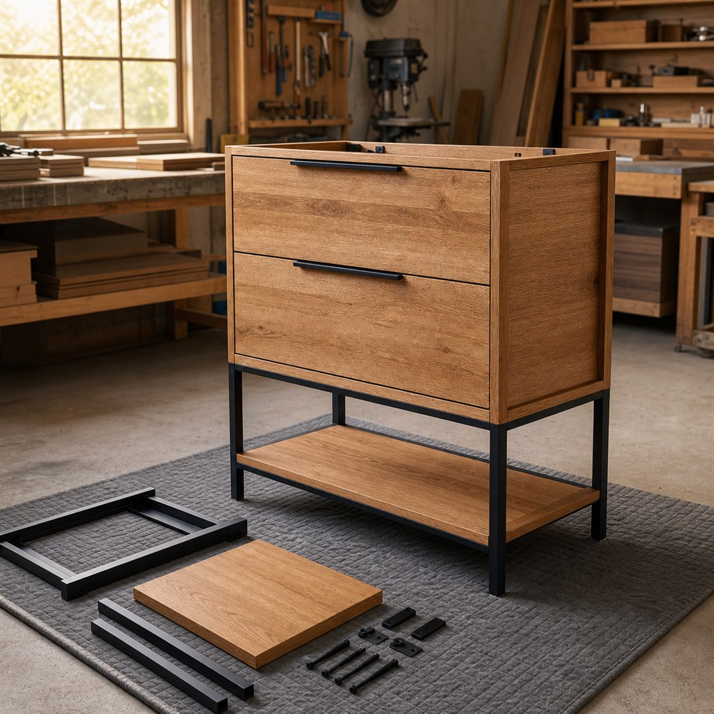 Bathroom Vanity With an Oak Cabinet and Steel Legs - workshop dry-assembly view