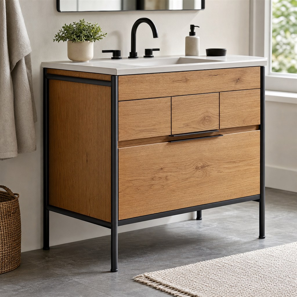 Bathroom Vanity With an Oak Cabinet and Steel Legs - finished material detail