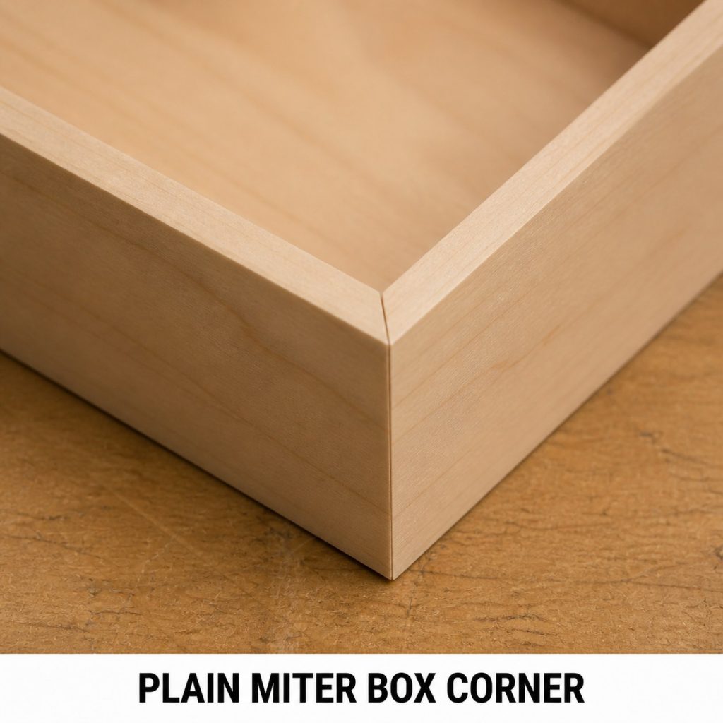 Photorealistic labeled example of Plain Miter Box Corner showing the woodworking connection.