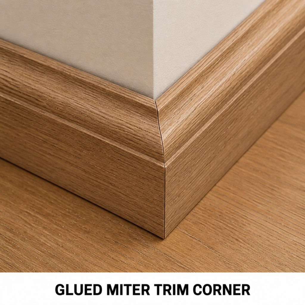 Photorealistic labeled example of Glued Miter Trim Corner showing the woodworking connection.