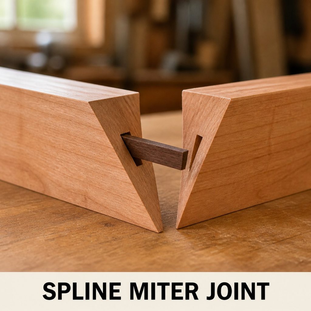Photorealistic labeled example of Spline Miter Box Corner showing the woodworking connection.