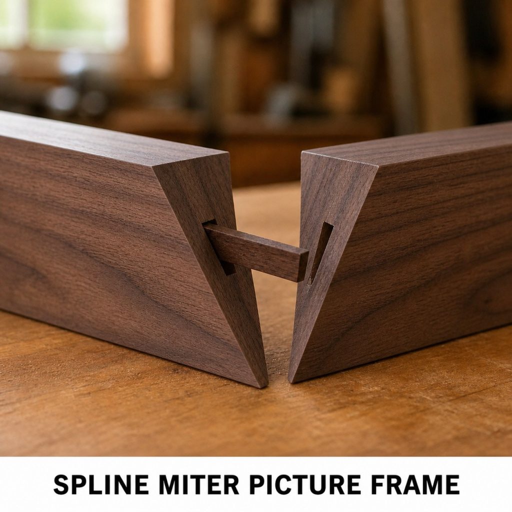Photorealistic labeled example of Spline Miter Picture Frame showing the woodworking connection.