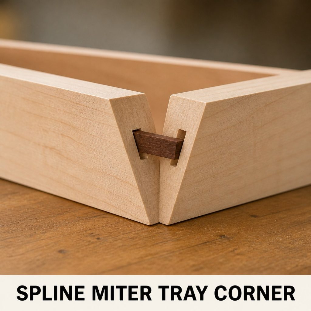 Photorealistic labeled example of Spline Miter Tray Corner showing the woodworking connection.