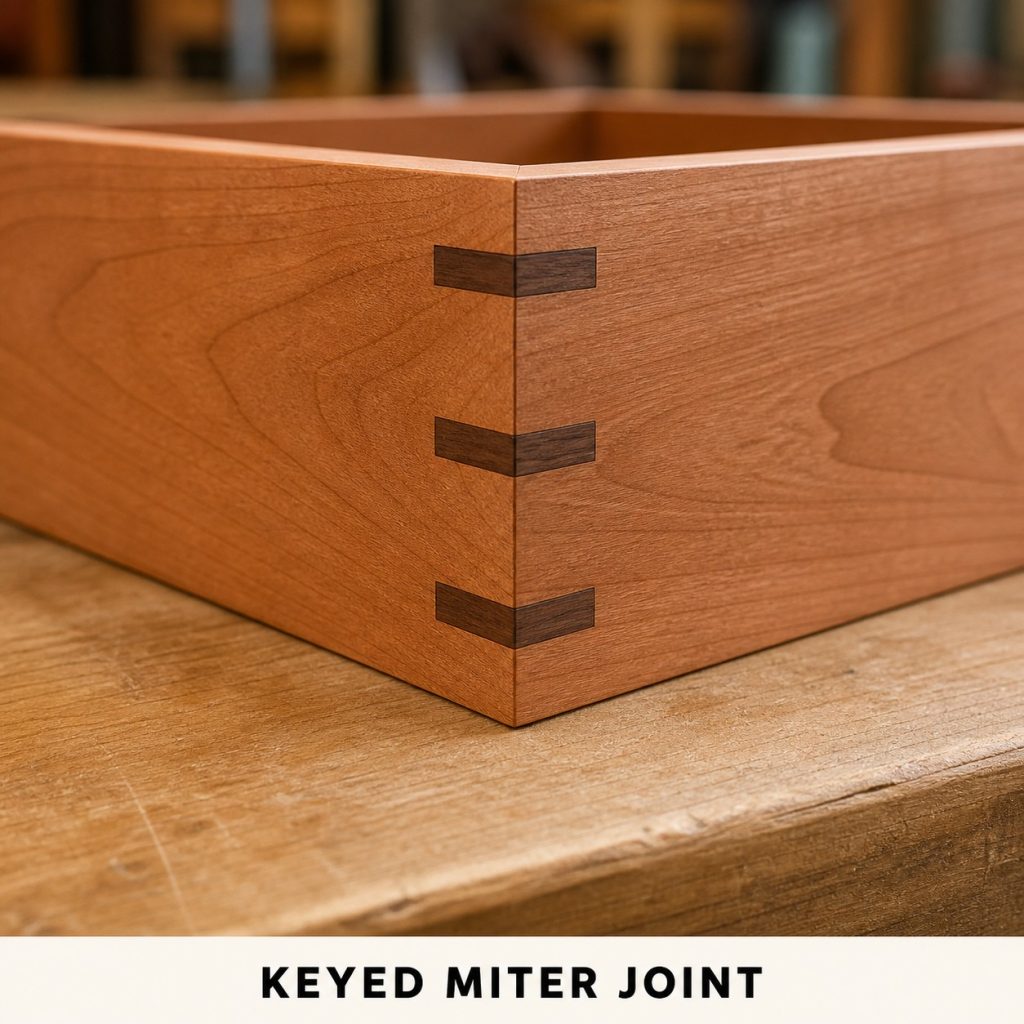 Photorealistic labeled example of Keyed Miter Box Corner showing the woodworking connection.