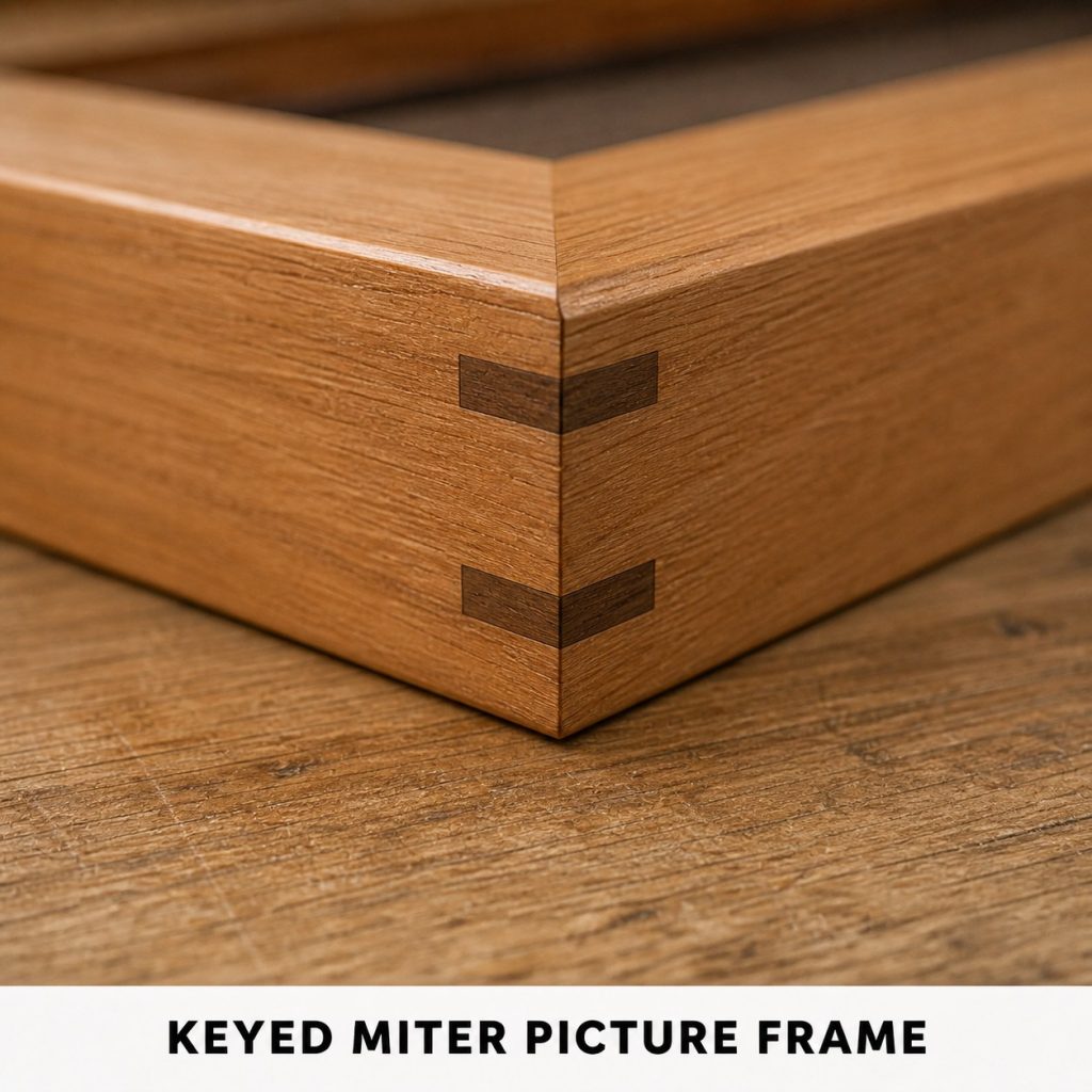 Photorealistic labeled example of Keyed Miter Picture Frame showing the woodworking connection.