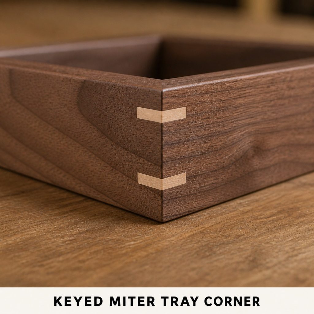 Photorealistic labeled example of Keyed Miter Tray Corner showing the woodworking connection.