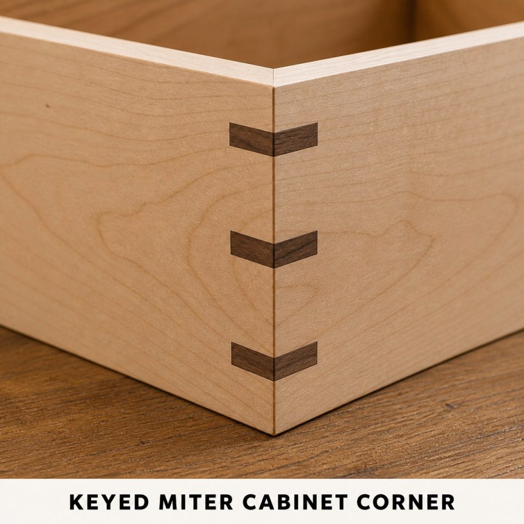Photorealistic labeled example of Keyed Miter Cabinet Corner showing the woodworking connection.
