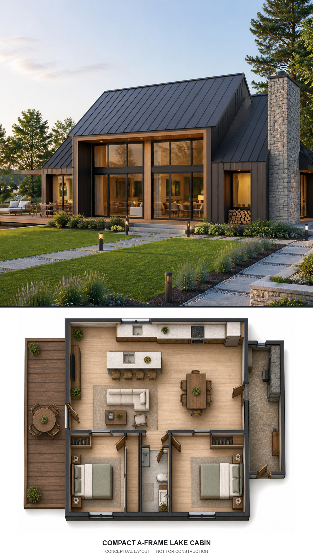 Compact A-Frame Lake Cabin exterior and conceptual floor plan