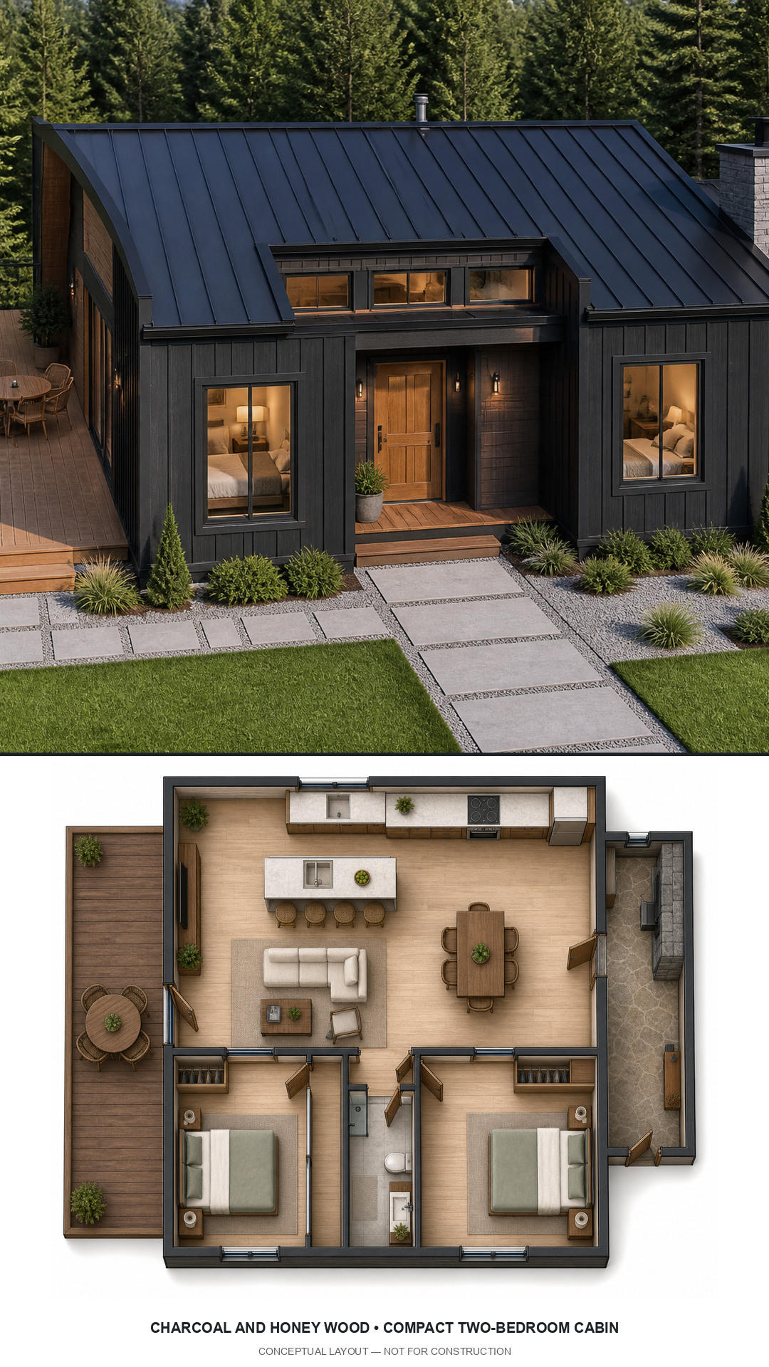 Charcoal and Honey Wood Compact Two-Bedroom Cabin exterior and furnished conceptual floor plan