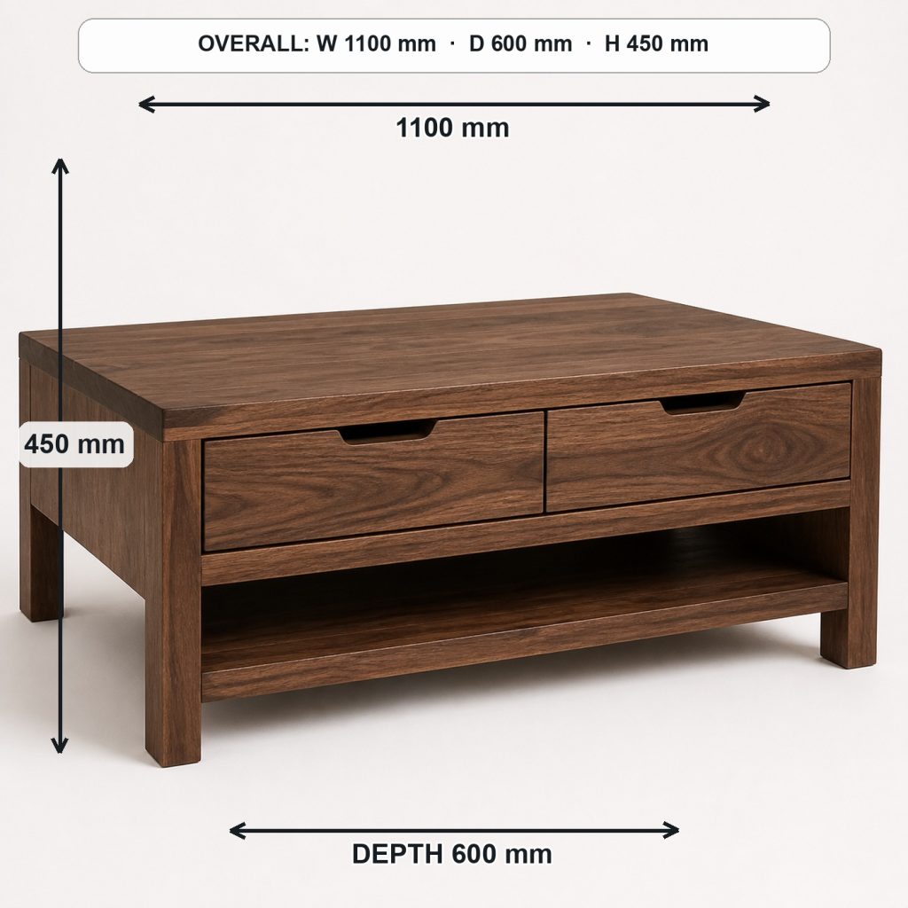 walnut coffee table with drawers complete three-quarter project view, overall dimensions 1100 mm wide × 600 mm deep × 450 mm high