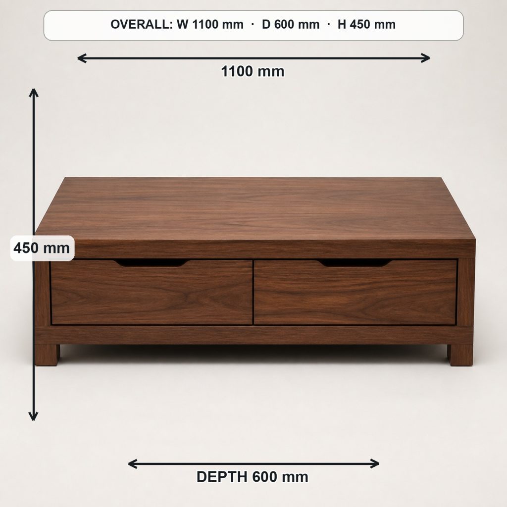 walnut coffee table with drawers front elevation and overall proportions, overall dimensions 1100 mm wide × 600 mm deep × 450 mm high
