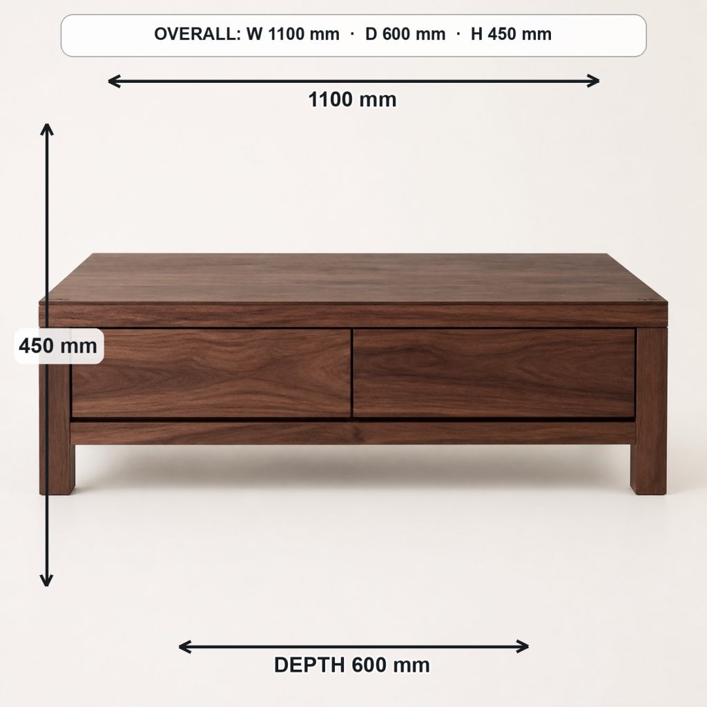 walnut coffee table with drawers side elevation and depth, overall dimensions 1100 mm wide × 600 mm deep × 450 mm high