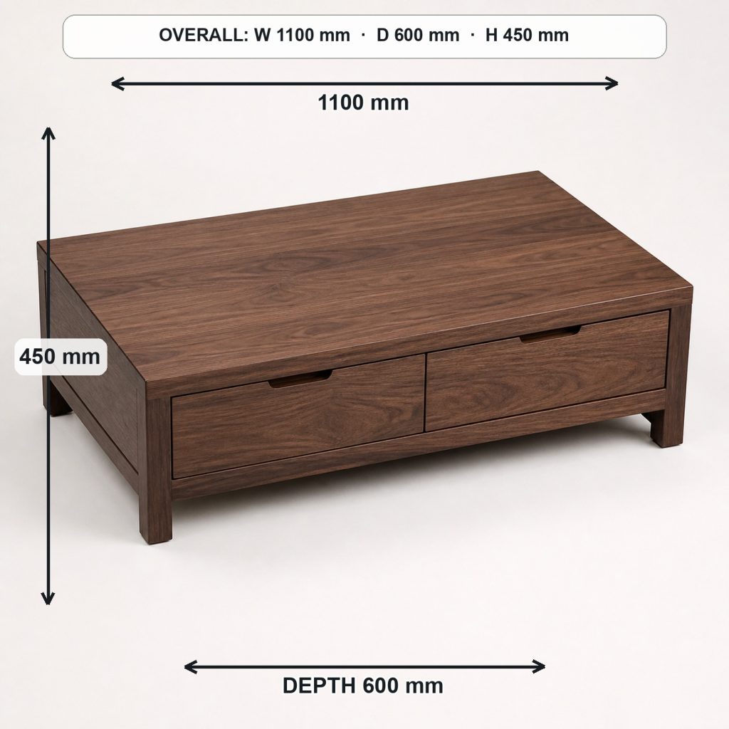 walnut coffee table with drawers top view and usable surface, overall dimensions 1100 mm wide × 600 mm deep × 450 mm high