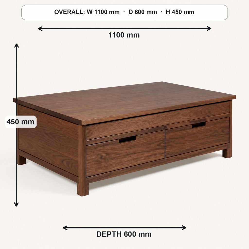 walnut coffee table with drawers rear construction and support, overall dimensions 1100 mm wide × 600 mm deep × 450 mm high