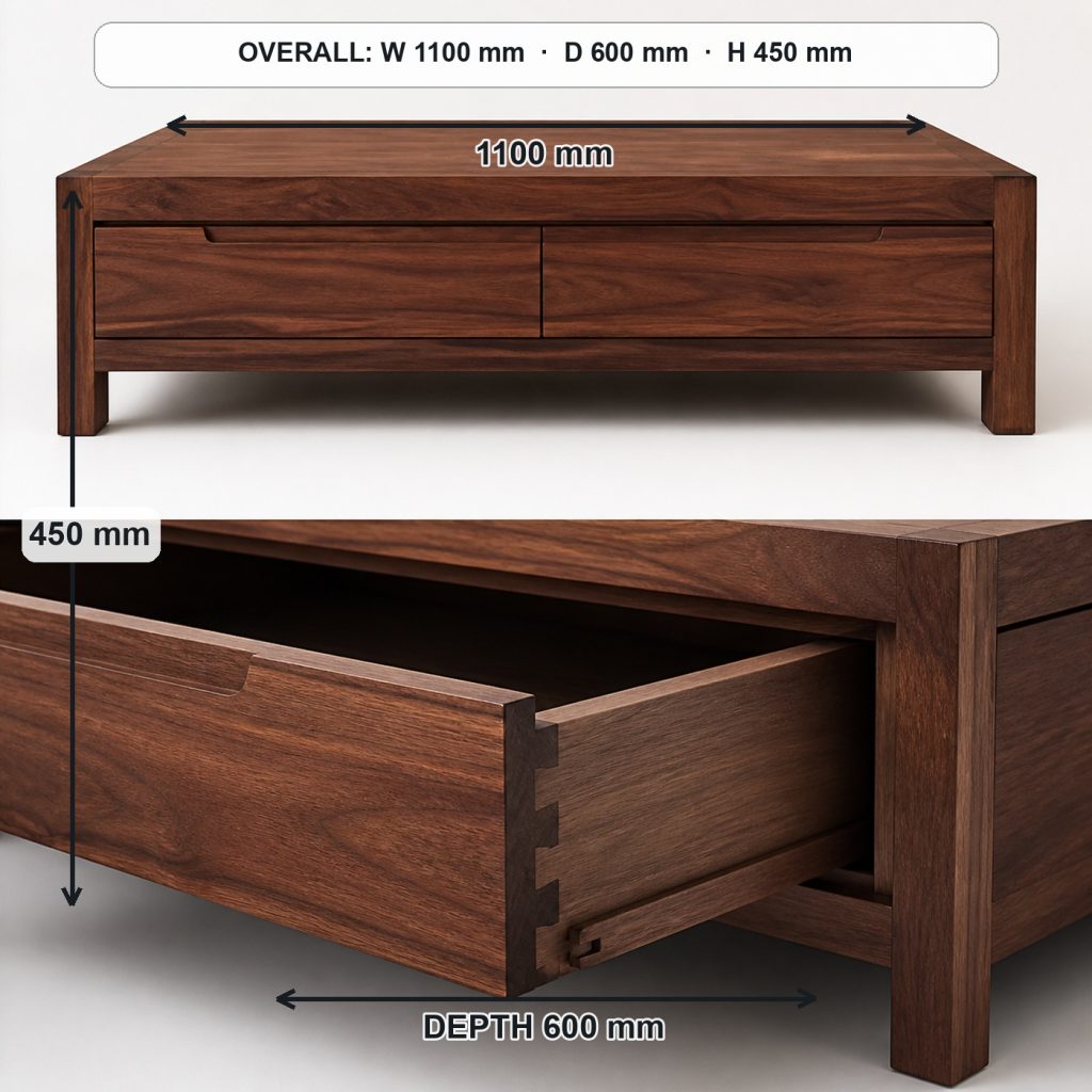 walnut coffee table with drawers primary joinery detail, overall dimensions 1100 mm wide × 600 mm deep × 450 mm high