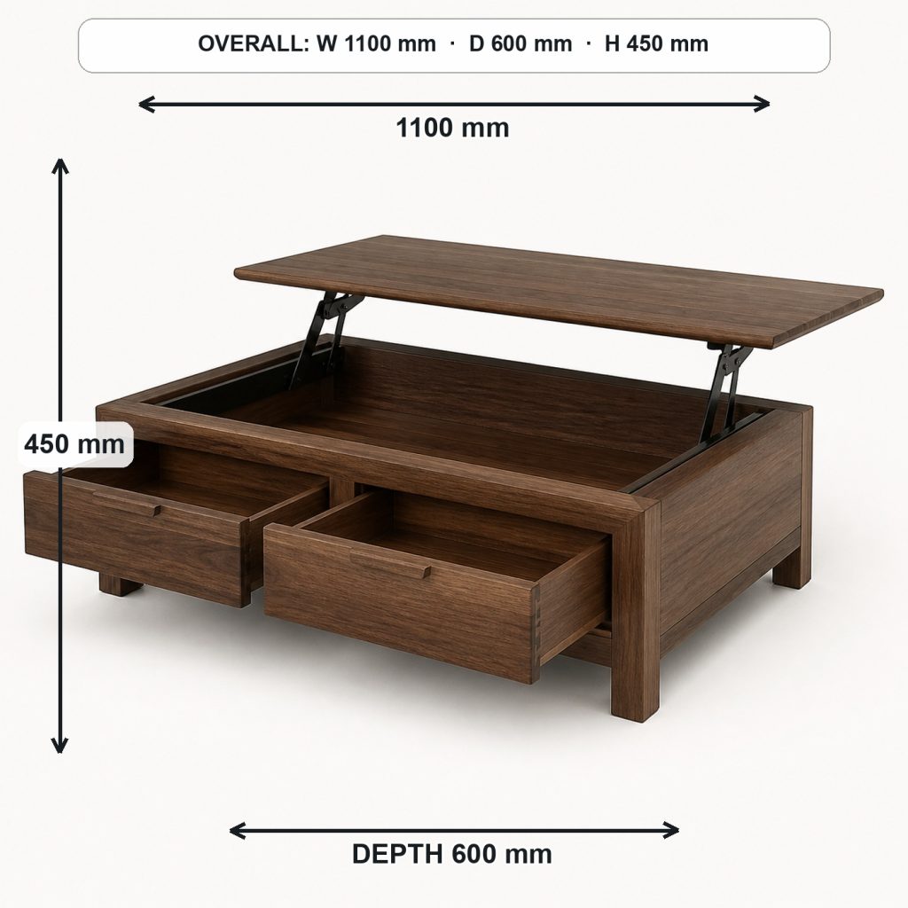 walnut coffee table with drawers storage or functional detail, overall dimensions 1100 mm wide × 600 mm deep × 450 mm high