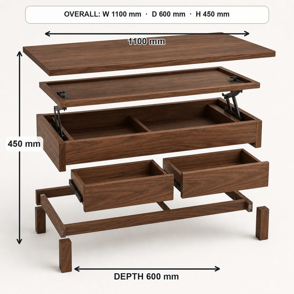 walnut coffee table with drawers exploded construction overview, overall dimensions 1100 mm wide × 600 mm deep × 450 mm high