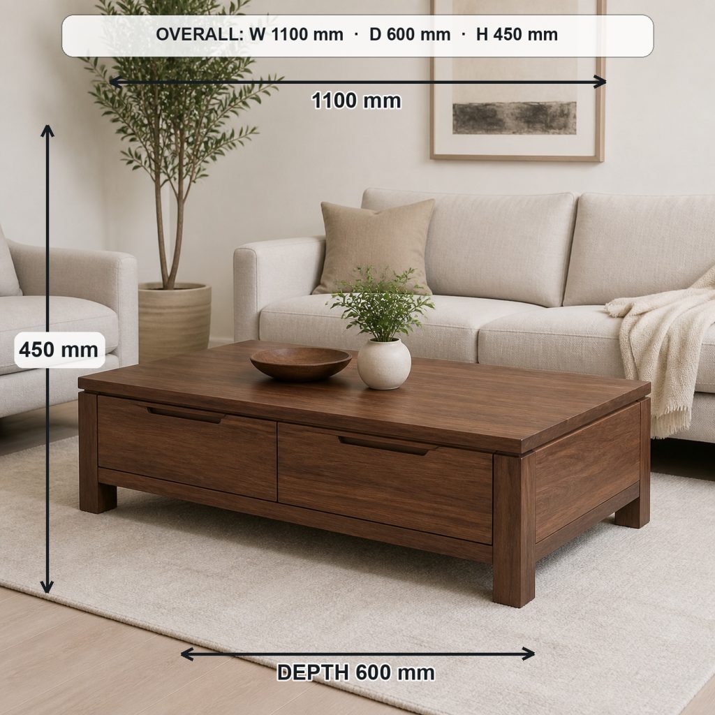 walnut coffee table with drawers project shown in a real room, overall dimensions 1100 mm wide × 600 mm deep × 450 mm high