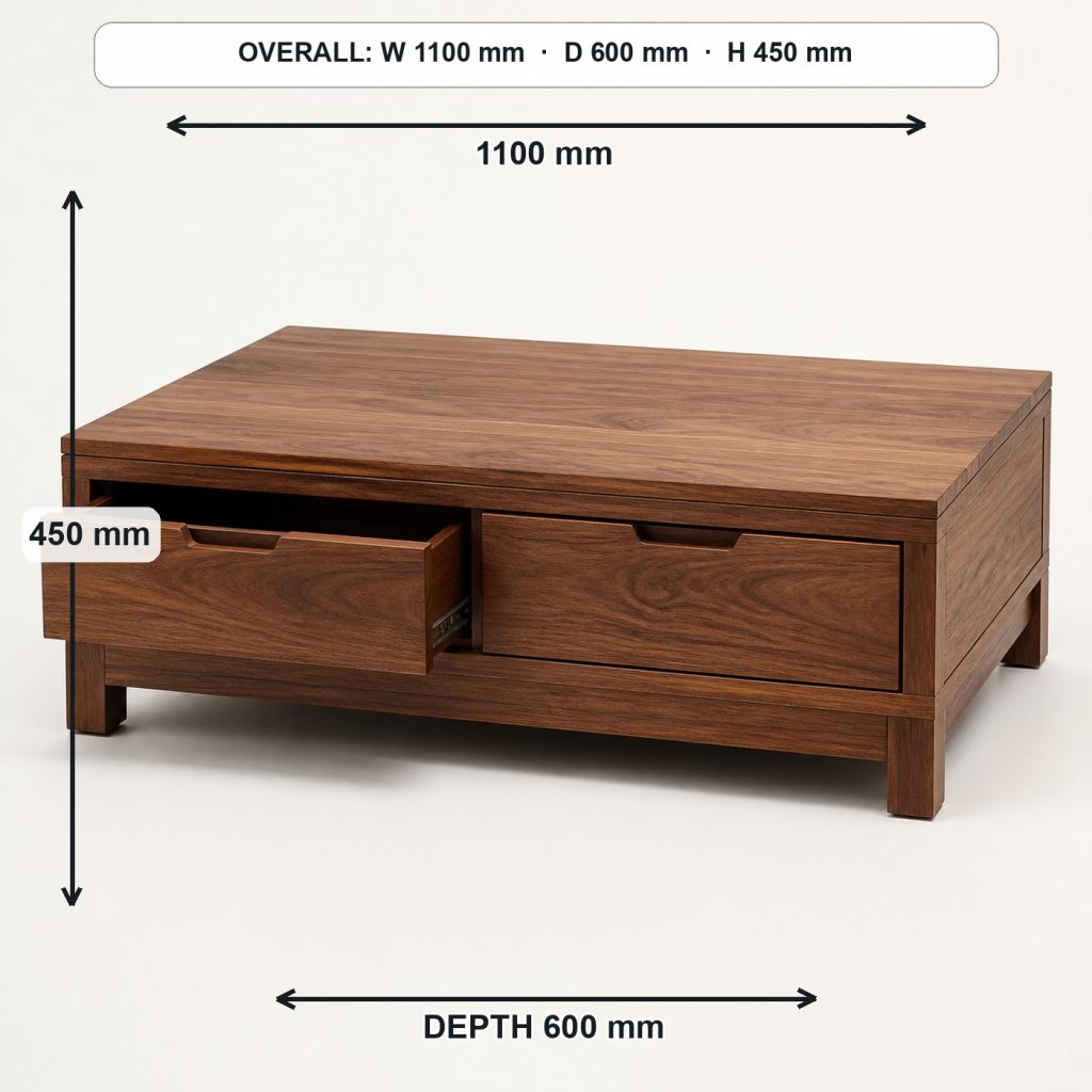 walnut coffee table with drawers finished project variation, overall dimensions 1100 mm wide × 600 mm deep × 450 mm high