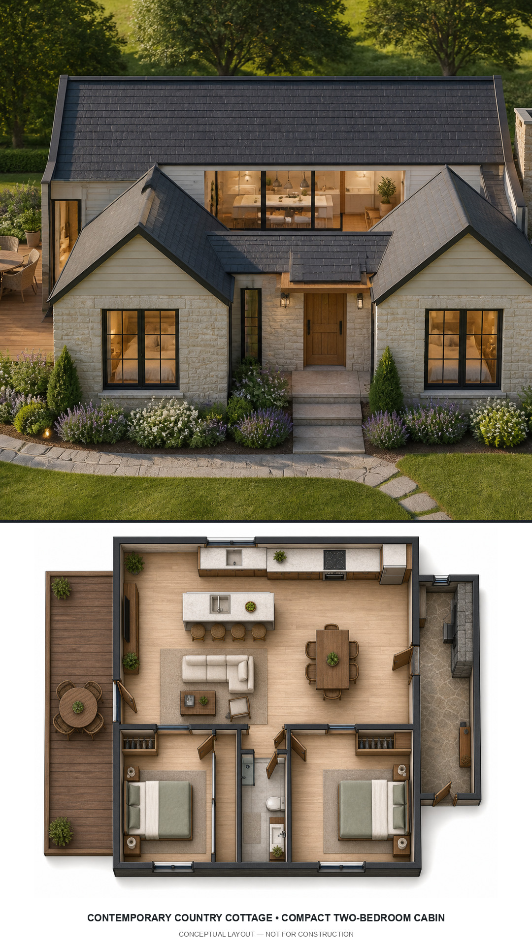 Contemporary Country Cottage Compact Two-Bedroom Cabin exterior and furnished conceptual floor plan