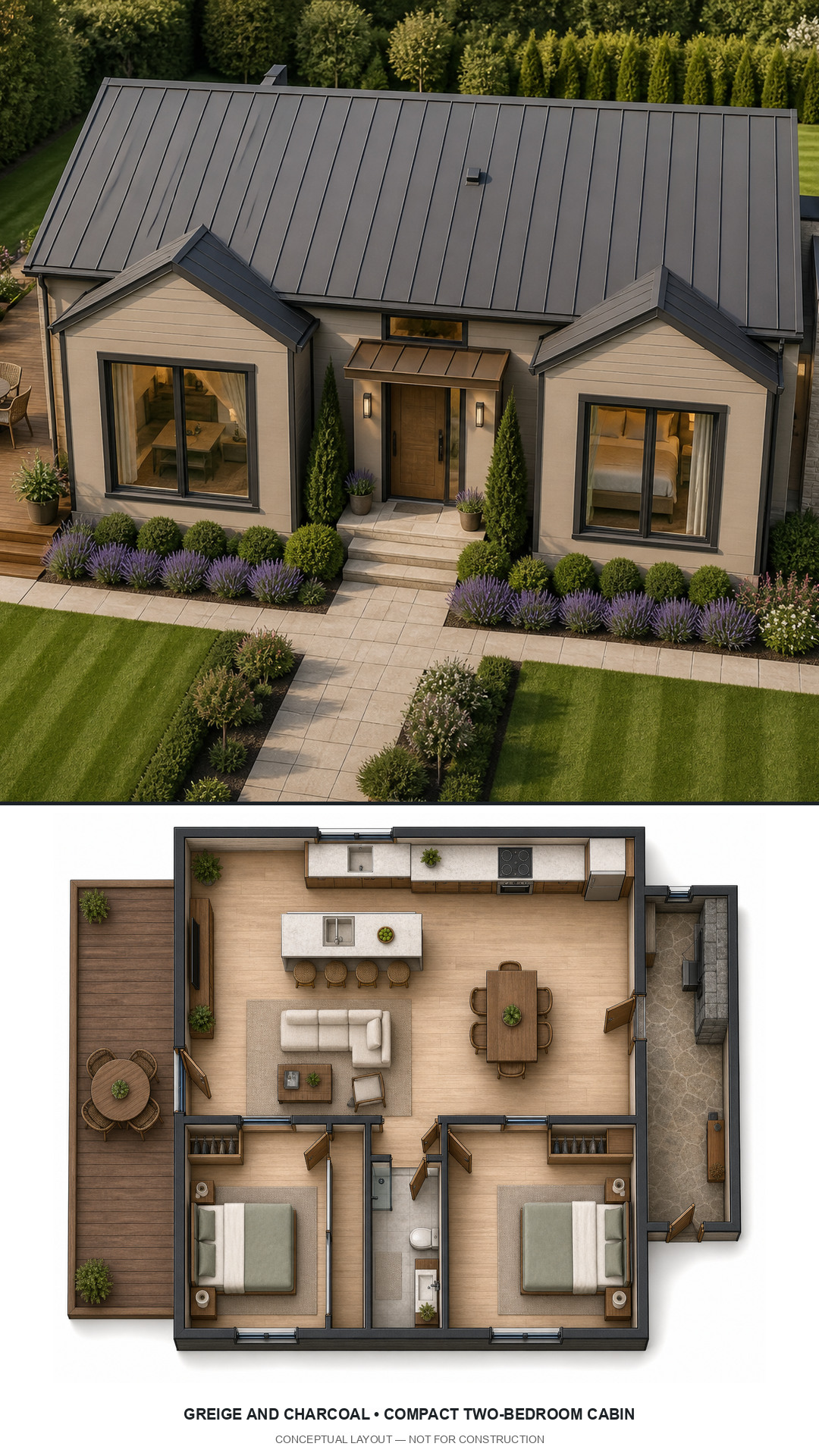 Greige and Charcoal Compact Two-Bedroom Cabin exterior and furnished conceptual floor plan