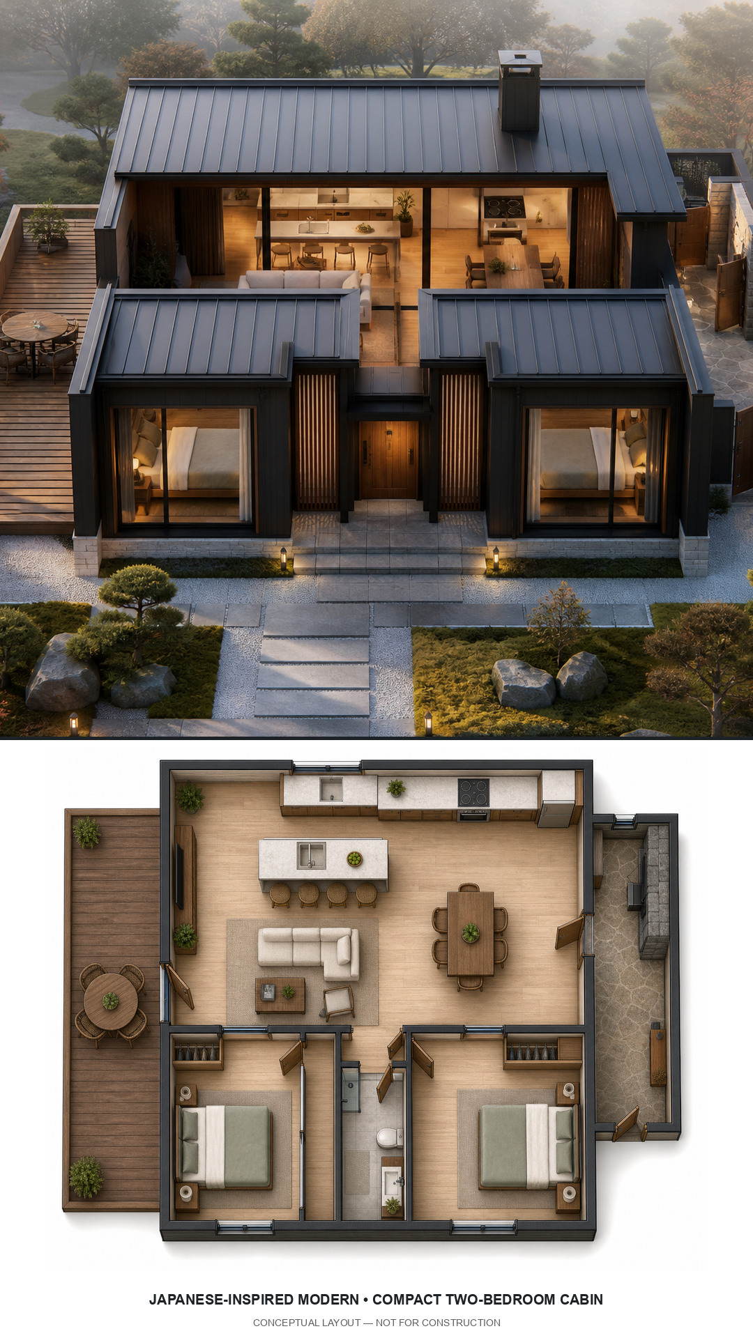 Japanese-Inspired Modern Compact Two-Bedroom Cabin exterior and furnished conceptual floor plan