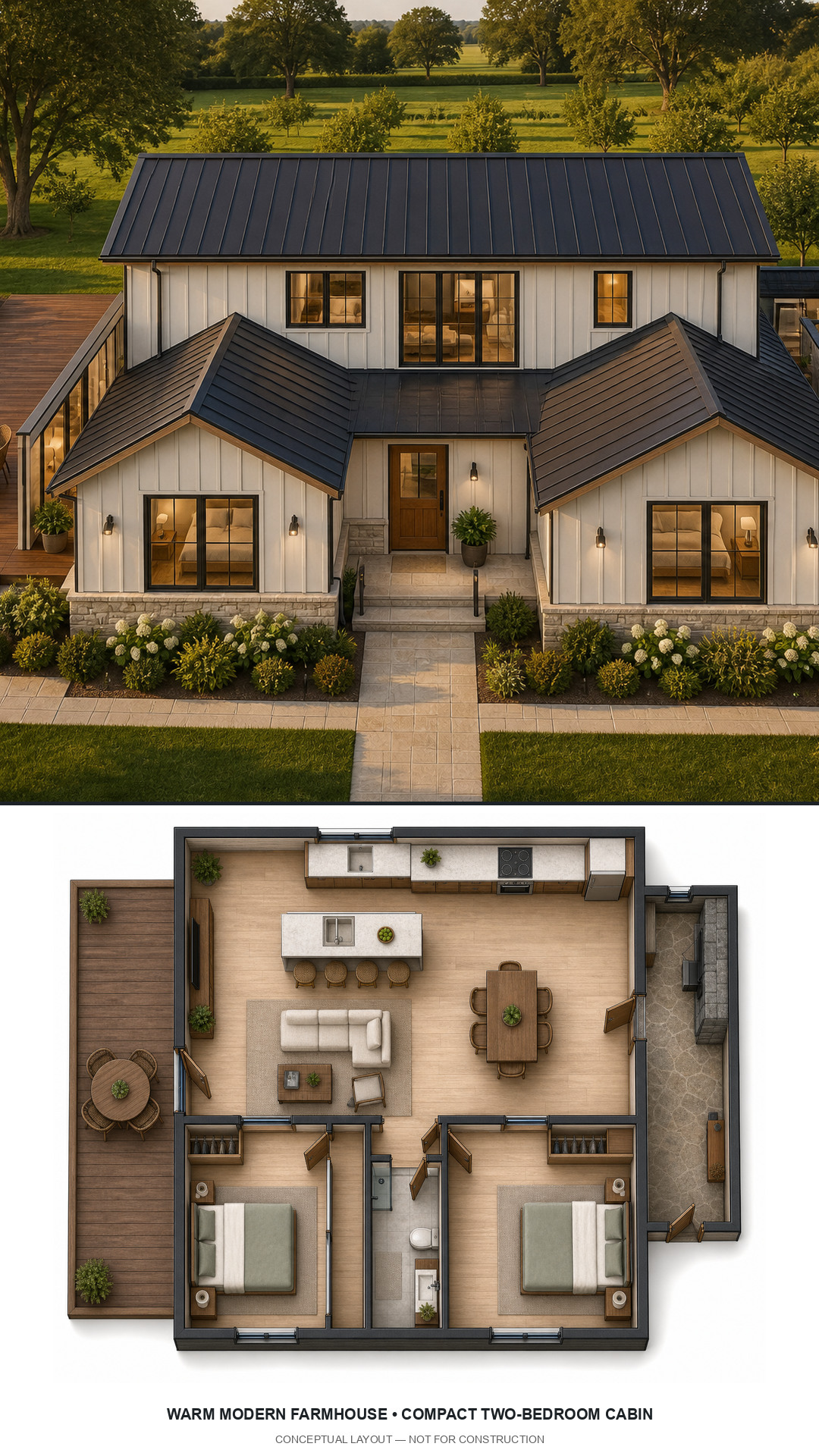 Warm Modern Farmhouse Compact Two-Bedroom Cabin exterior and furnished conceptual floor plan