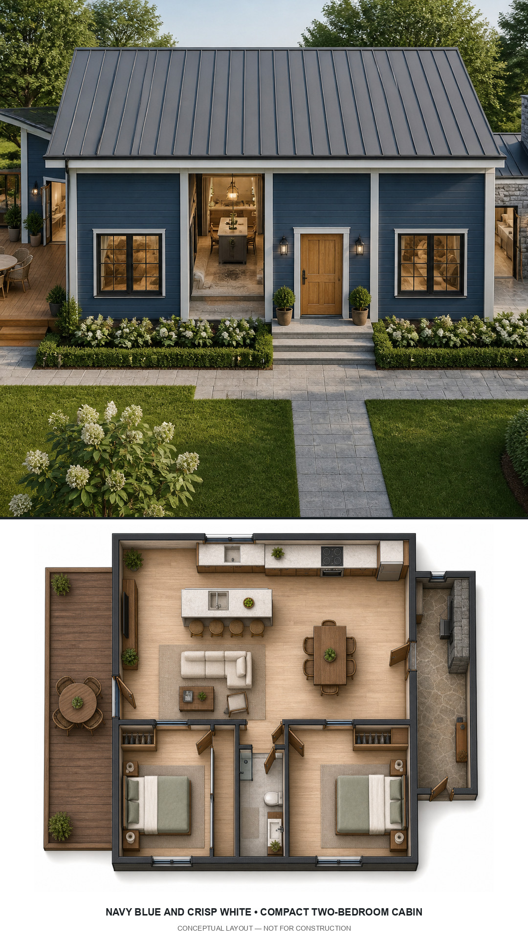 Navy Blue and Crisp White Compact Two-Bedroom Cabin exterior and furnished conceptual floor plan