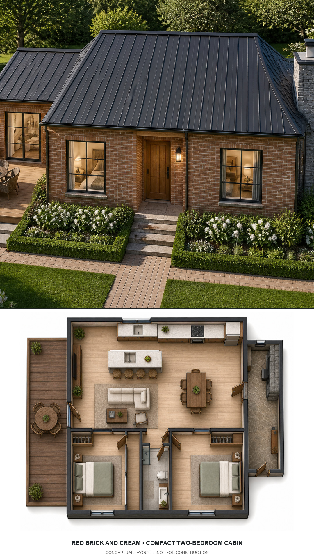 Red Brick and Cream Compact Two-Bedroom Cabin exterior and furnished conceptual floor plan
