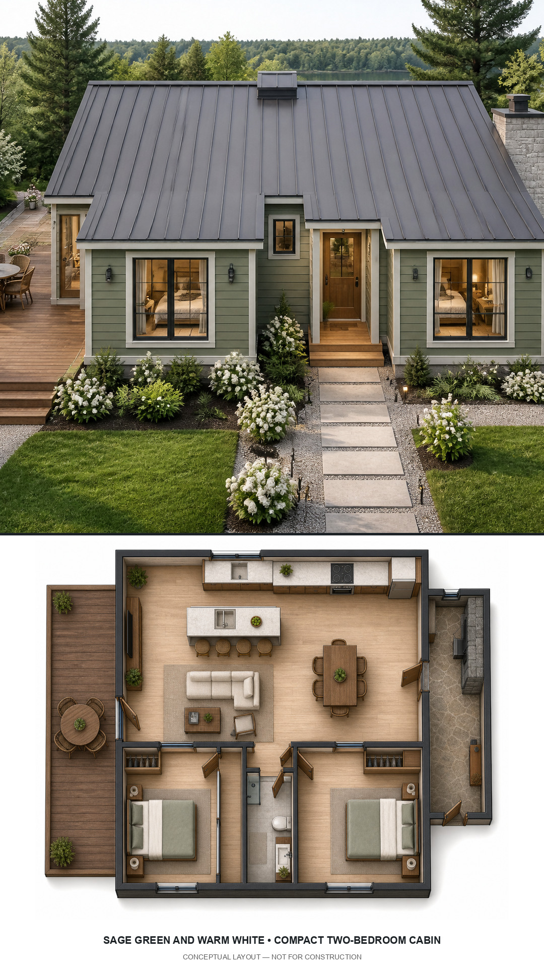 Sage Green and Warm White Compact Two-Bedroom Cabin exterior and furnished conceptual floor plan