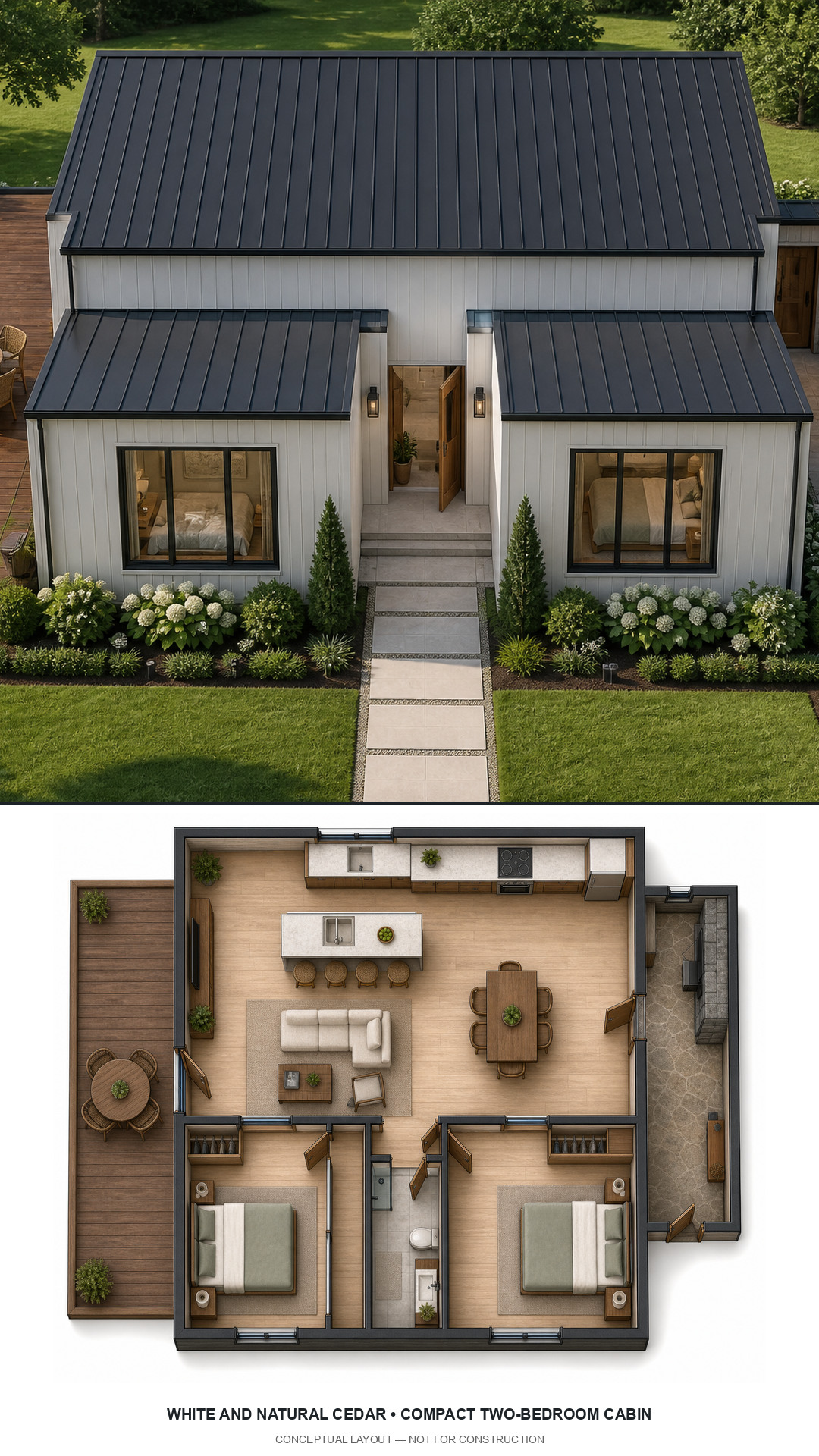 White and Natural Cedar Compact Two-Bedroom Cabin exterior and furnished conceptual floor plan