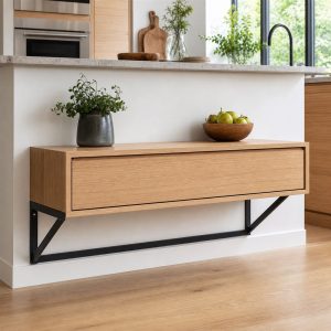 Floating Nightstand With a Wood Drawer and Steel Bracket