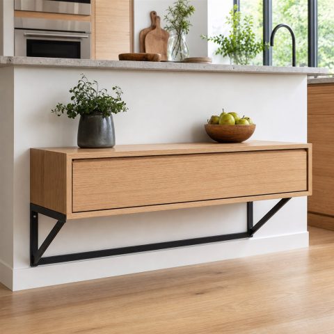 Floating Nightstand With a Wood Drawer and Steel Bracket