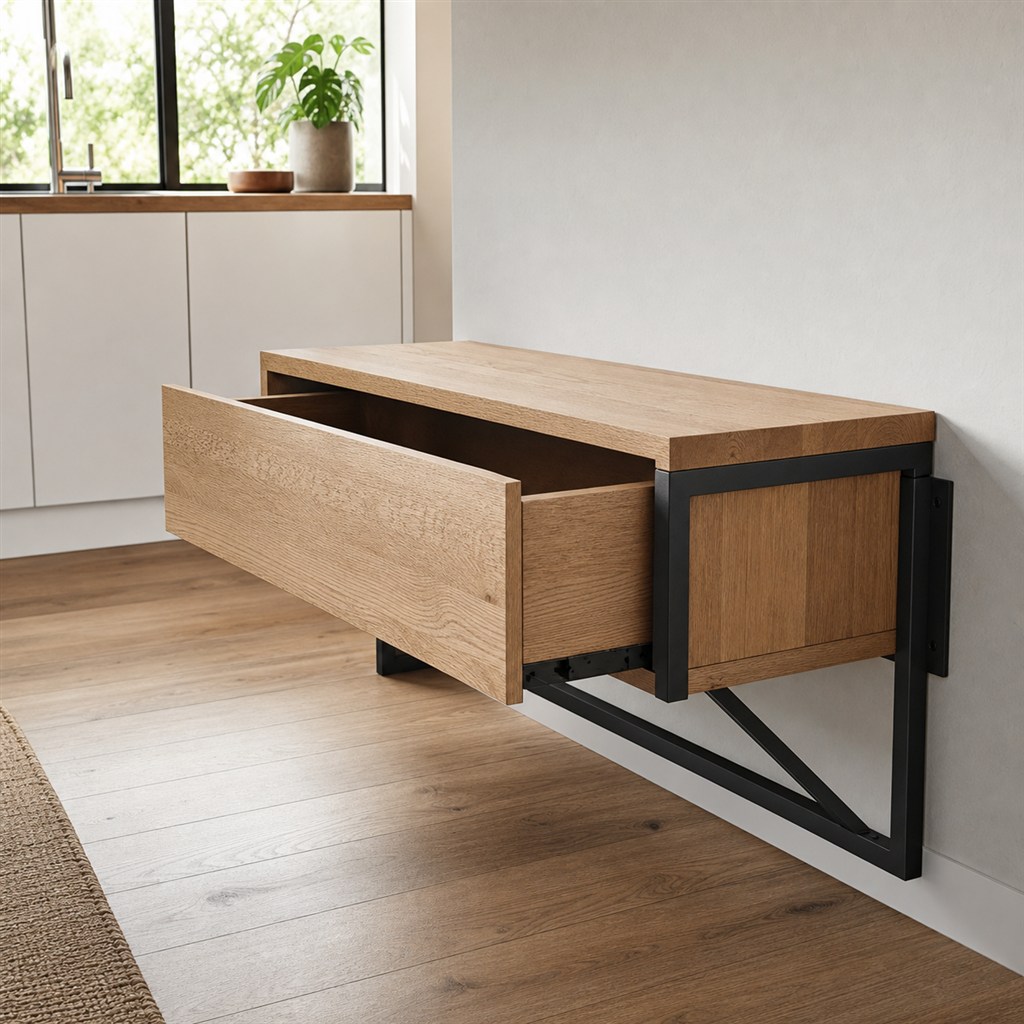 Floating Nightstand With a Wood Drawer and Steel Bracket - alternate full view