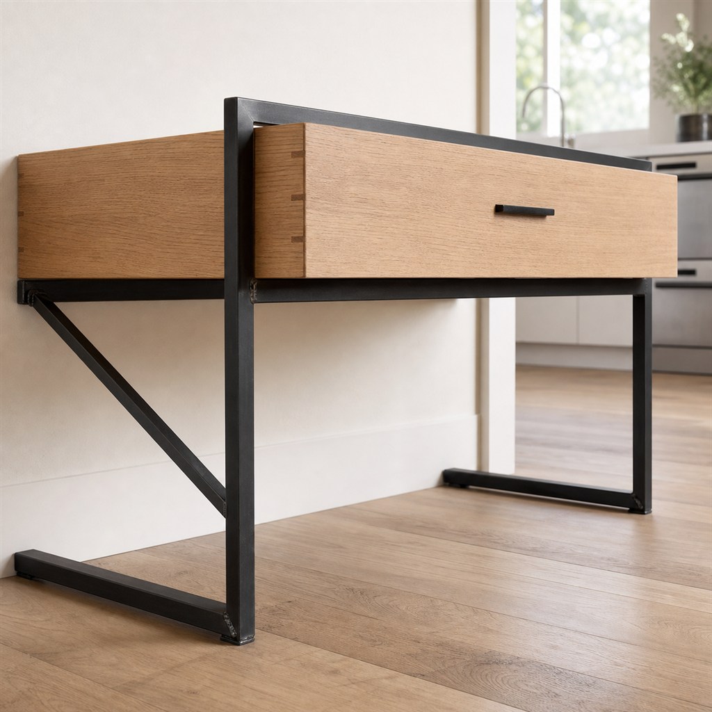 Floating Nightstand With a Wood Drawer and Steel Bracket - steel-frame detail