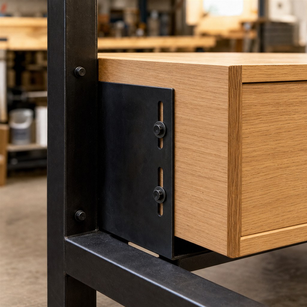 Floating Nightstand With a Wood Drawer and Steel Bracket - wood-to-steel interface detail