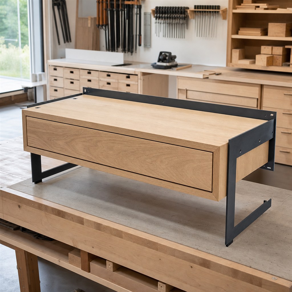 Floating Nightstand With a Wood Drawer and Steel Bracket - workshop dry-assembly view