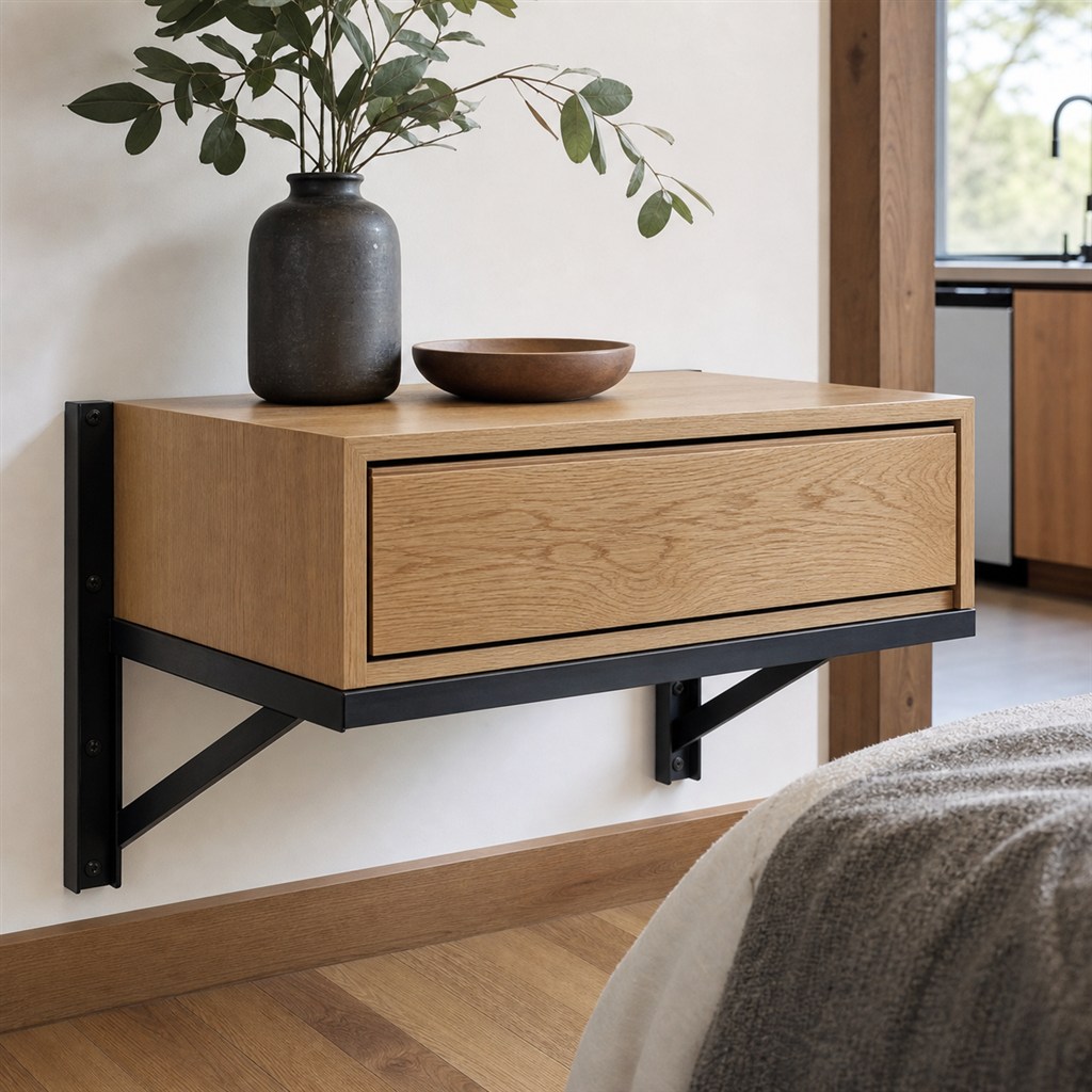 Floating Nightstand With a Wood Drawer and Steel Bracket - finished material detail