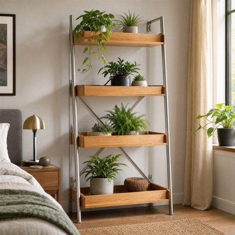Tall Plant Shelf With Oak Trays and a Steel Ladder Frame
