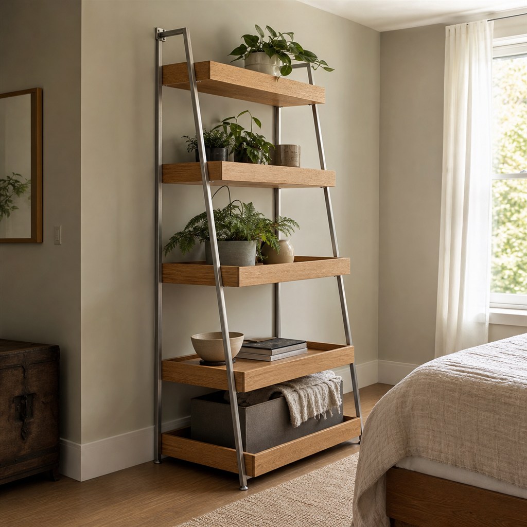 Tall Plant Shelf With Oak Trays and a Steel Ladder Frame - alternate full view
